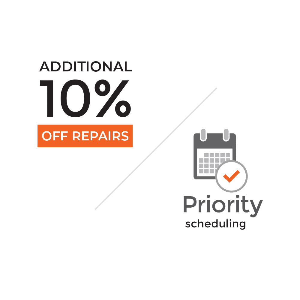 Two icons that say additional 10 percent off repairs and priority scheduling